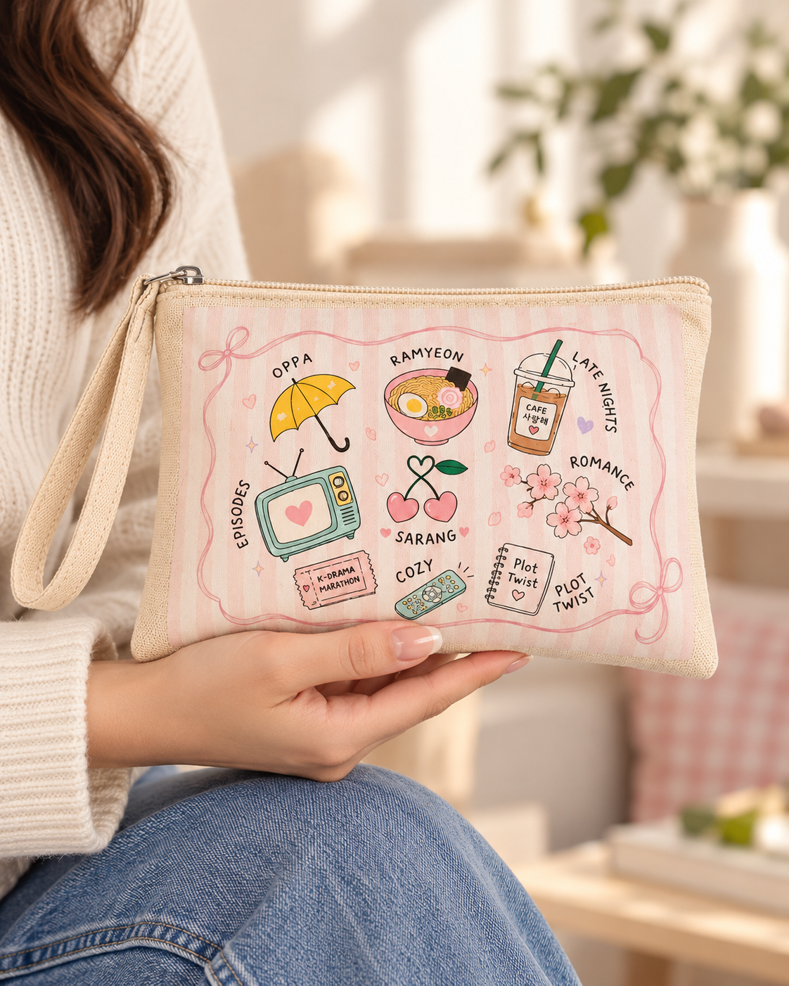 K-Drama Essentials Wristlet Pouch | Cute Korean Drama Makeup Bag