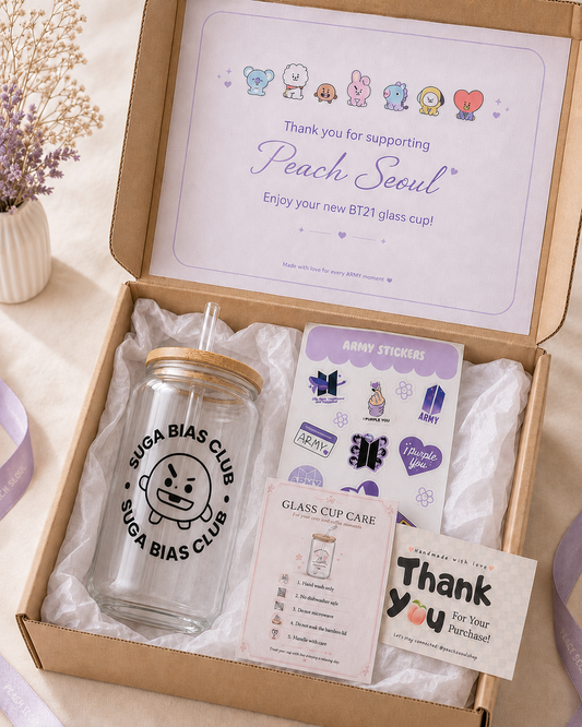 SUGA- BTS Bias Club Glass Cup with Bamboo Lid & Straw
