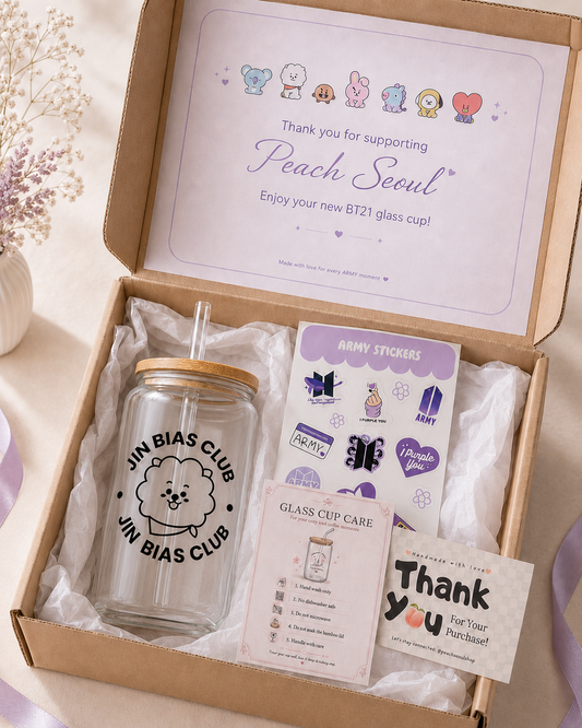 JIN - BTS Bias Club Glass Cup with Bamboo Lid & Straw