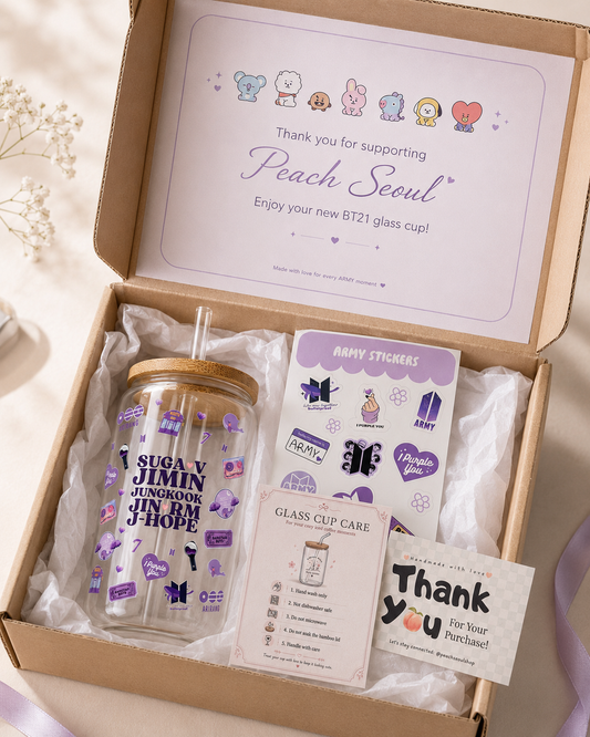 Purple OT7 Glass Tumbler with Bamboo Lid & Straw | BTS-Inspired ARMY Cup
