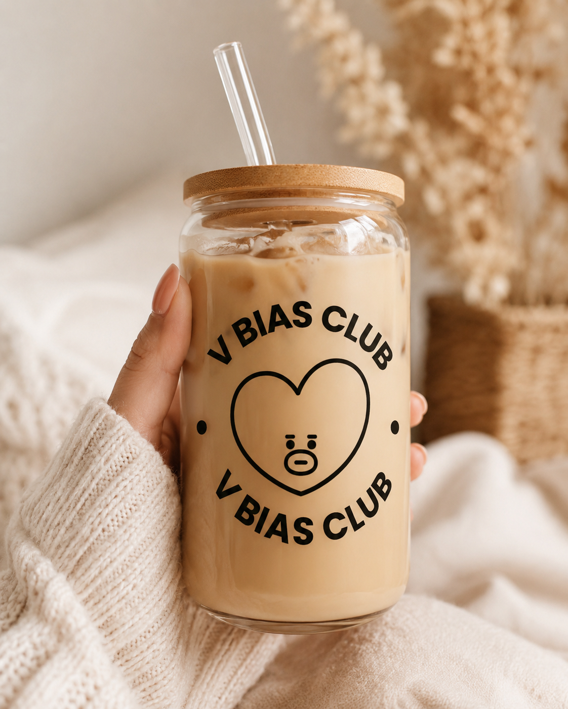 BTS Bias Club Glass Cup with Bamboo Lid & Straw – Choose Your Member