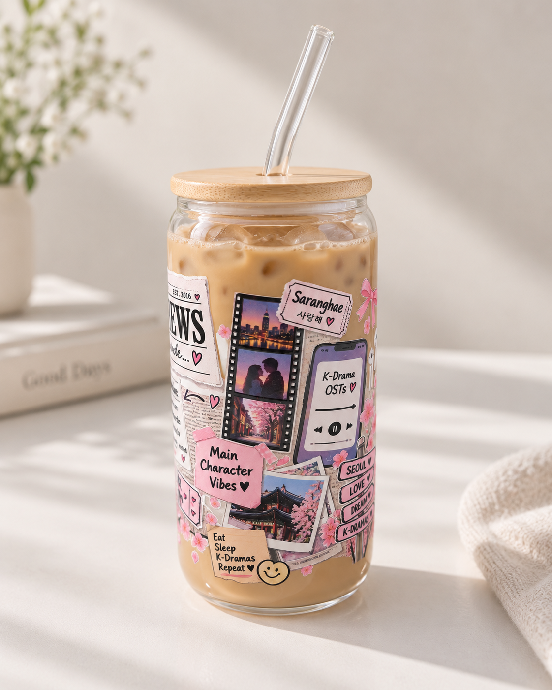 K-Drama Glass Tumbler with Bamboo Lid & Straw | K-Drama News Design
