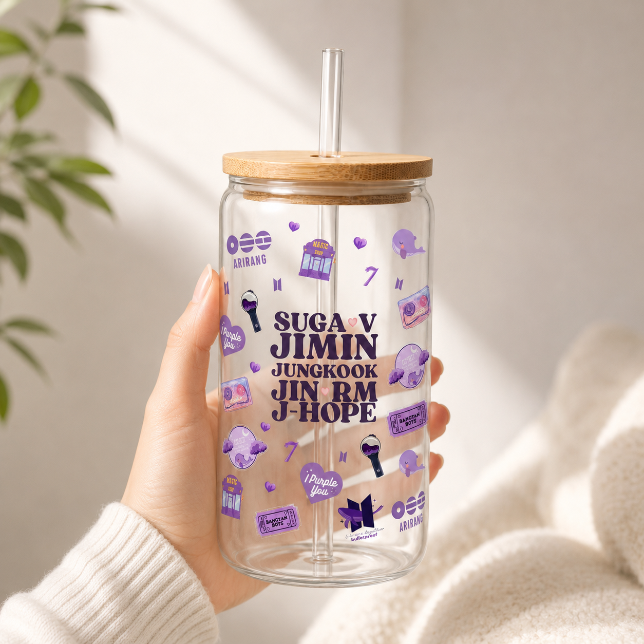 Purple OT7 Glass Tumbler with Bamboo Lid & Straw | BTS-Inspired ARMY Cup