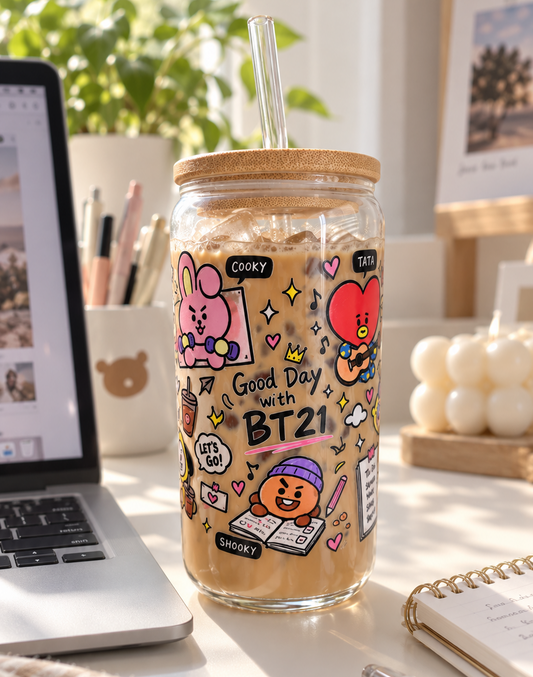 BT21 Iced Coffee Glass Cup – 16 oz K-Pop Tumbler with Bamboo Lid & Straw
