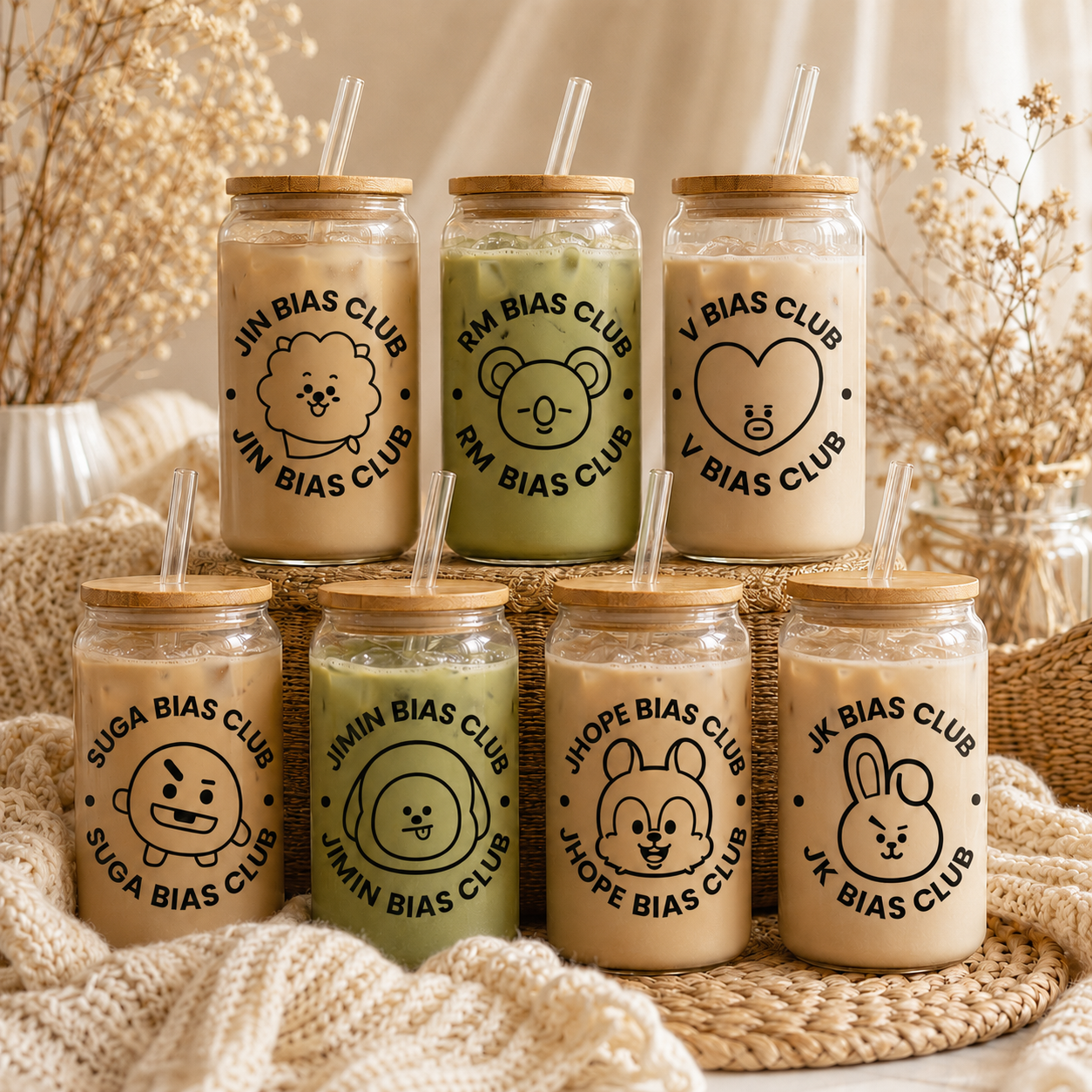 BTS Bias Club Glass Cup with Bamboo Lid & Straw – Choose Your Member