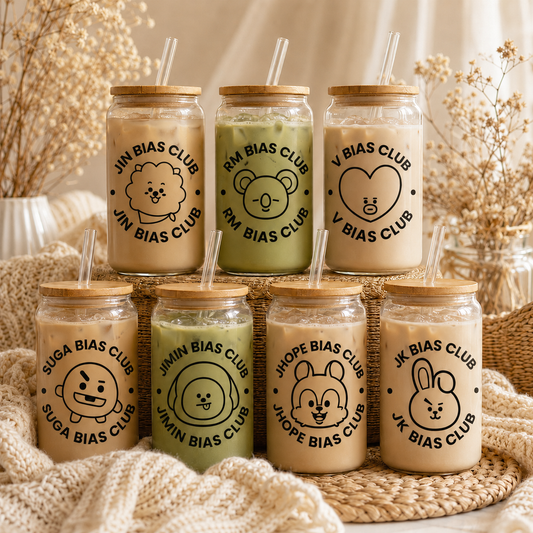 BTS Bias Club Glass Cup with Bamboo Lid & Straw – Choose Your Member