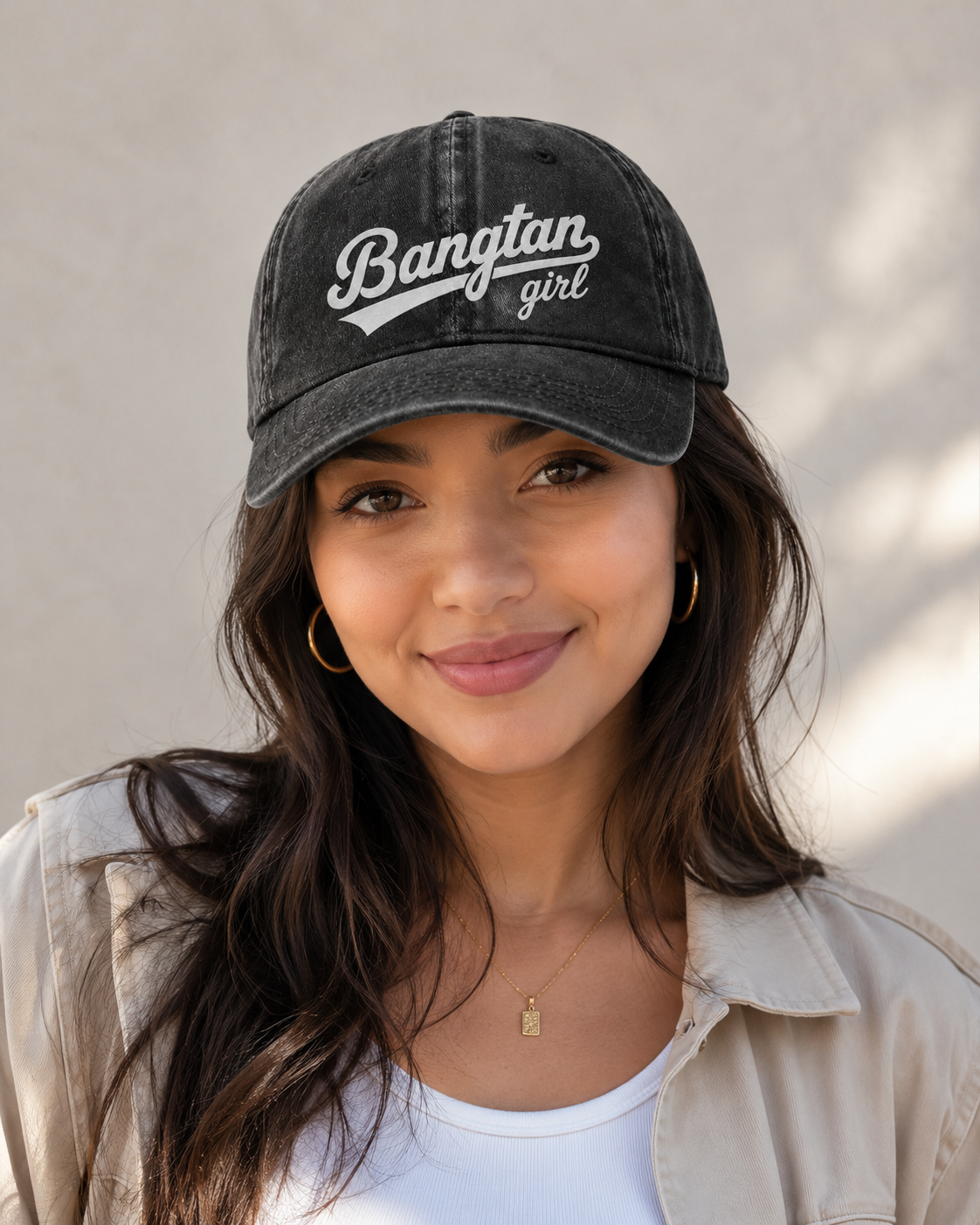 BTS "Bangtan Girl" Baseball Cap, Adjustable & Fan Gift with free BTS stickers.