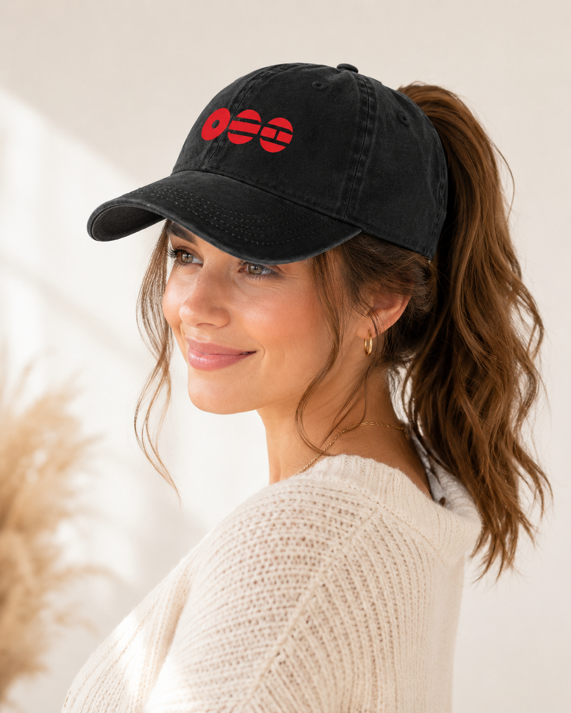 BTS Logo Ponytail Baseball Cap | Black Vintage Washed Dad Hat with White or Red Logo, Adjustable Kpop Fan Gift