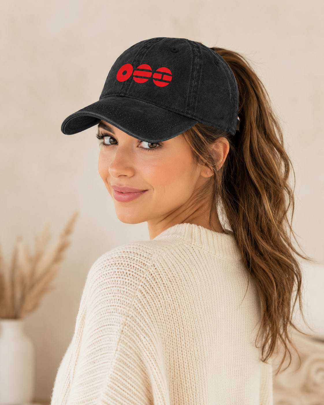 BTS Logo Ponytail Baseball Cap | Black Vintage Washed Dad Hat with White or Red Logo, Adjustable Kpop Fan Gift