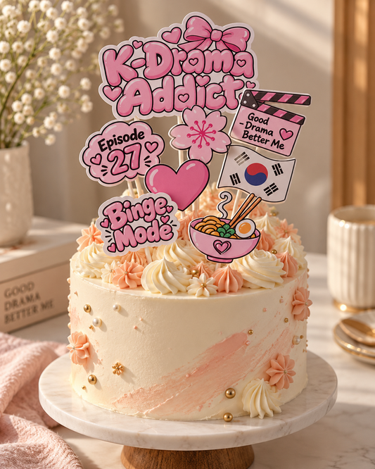 K-Drama Addict Cake Topper Set – 8-Piece K-Drama Birthday Cake Decorations