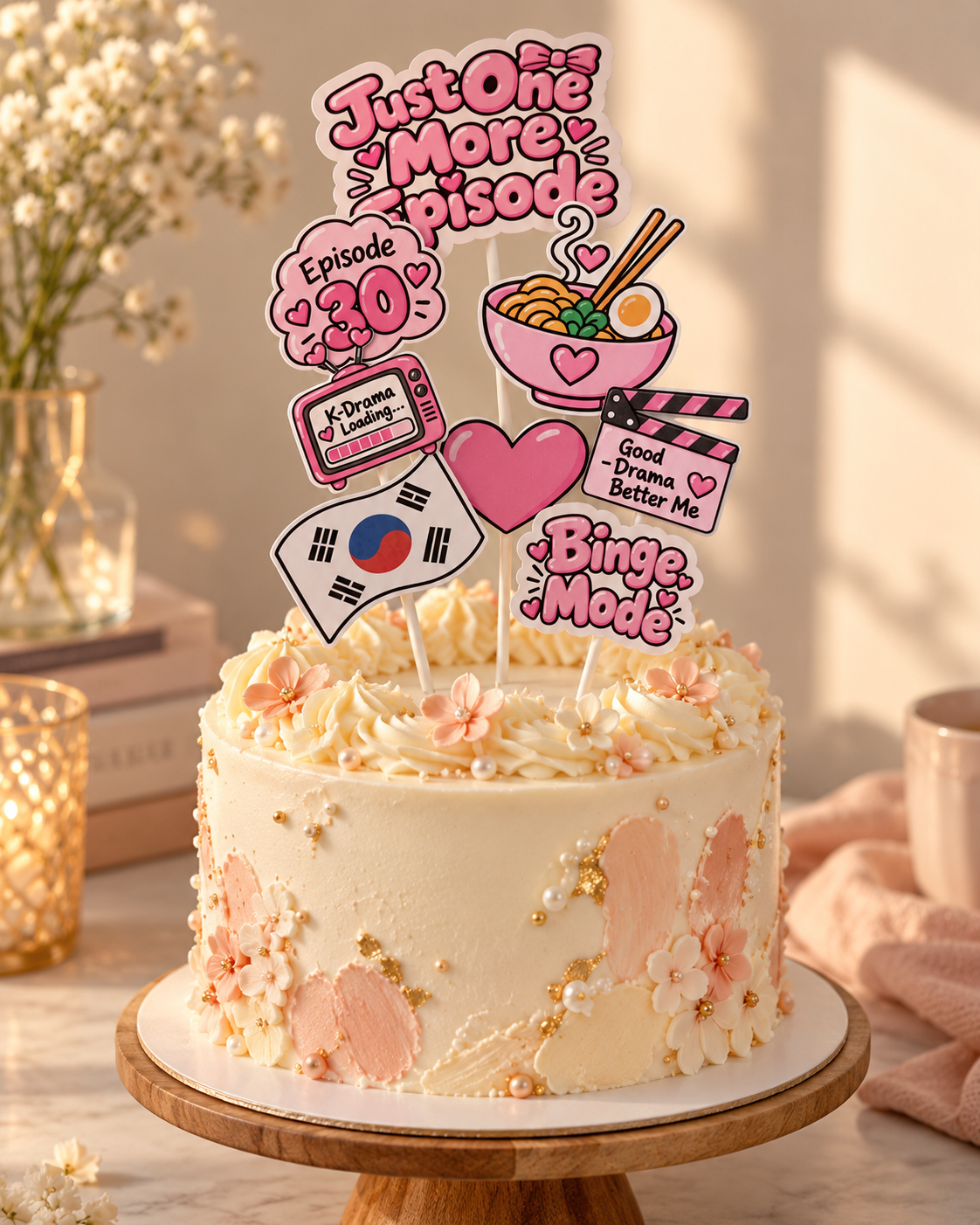 Just One More Episode Cake Topper Set – 8-Piece K-Drama Birthday Decorations