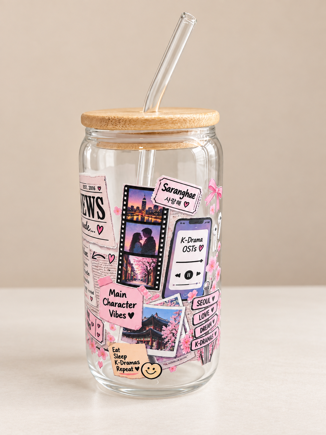 K-Drama Glass Tumbler with Bamboo Lid & Straw | K-Drama News Design