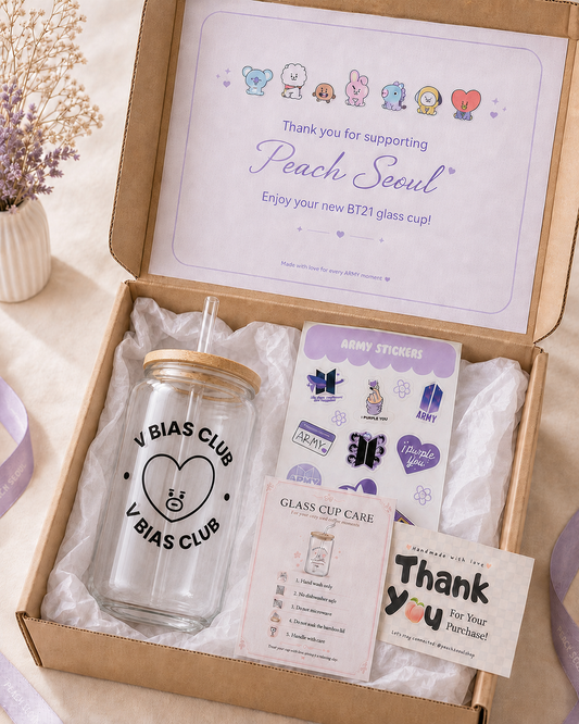 V-BTS Bias Club Glass Cup with Bamboo Lid & Straw