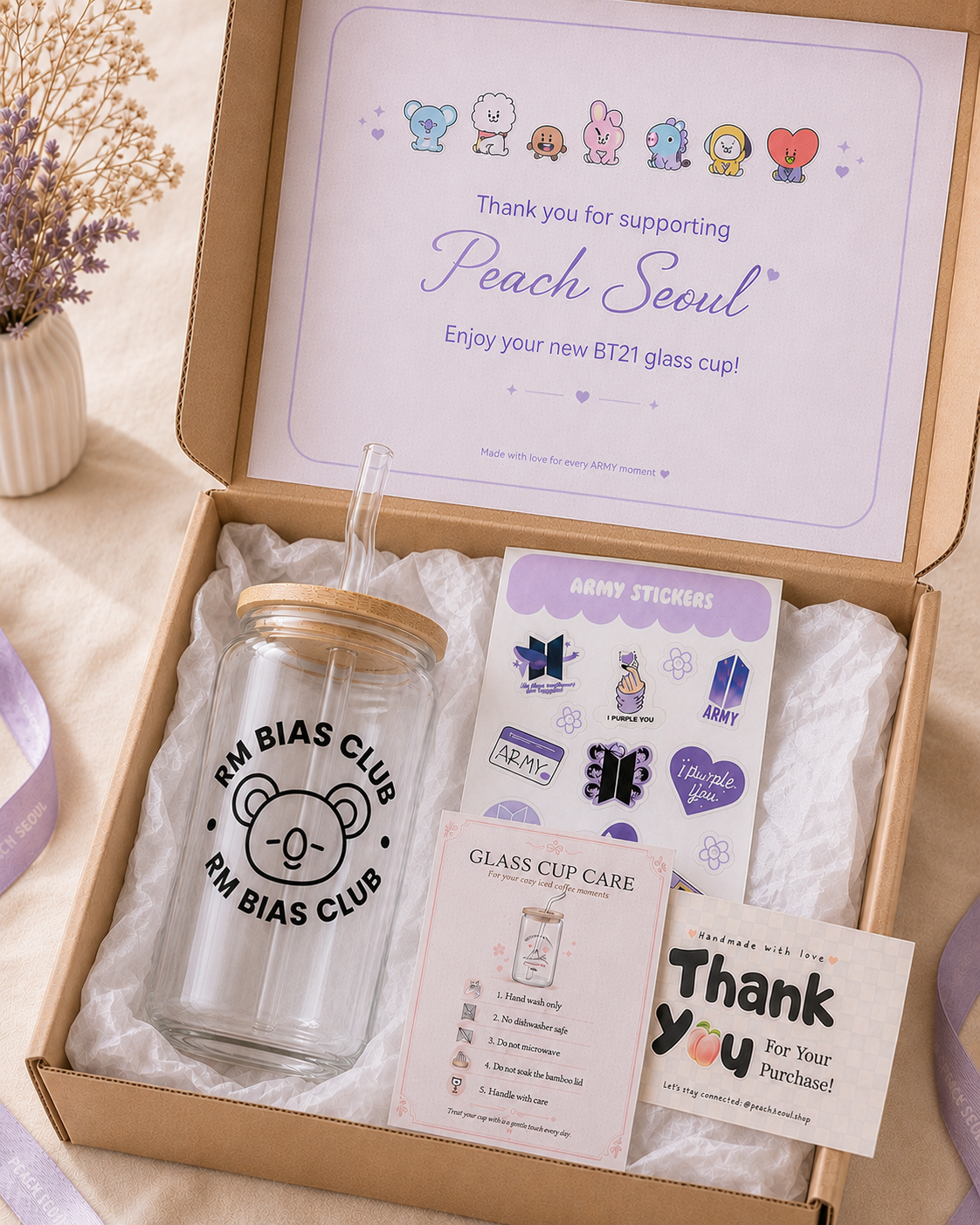 RM - BTS Bias Club Glass Cup with Bamboo Lid & Straw