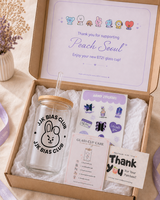 JK - BTS Bias Club Glass Cup with Bamboo Lid & Straw