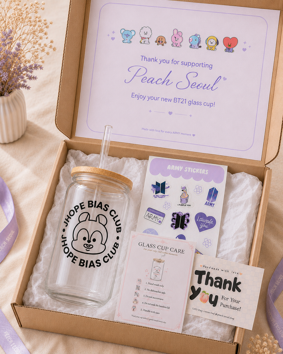 JHOPE - BTS Bias Club Glass Cup with Bamboo Lid & Straw