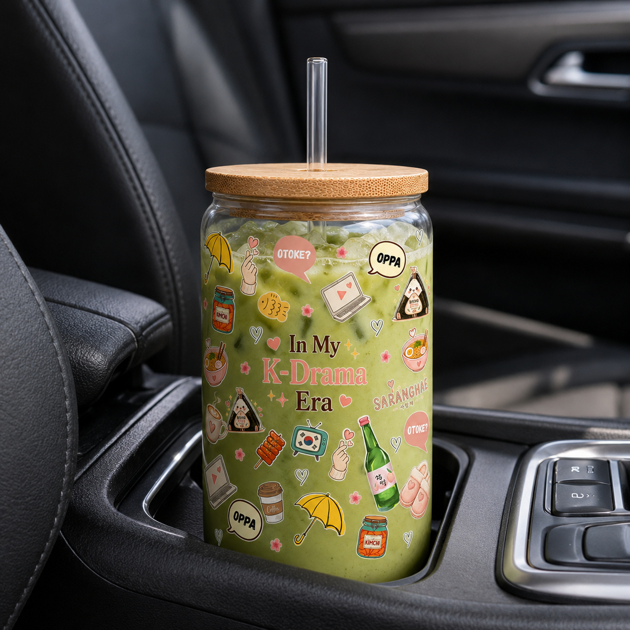 In My K-Drama Era collage Glass Cup with Bamboo Lid & Straw