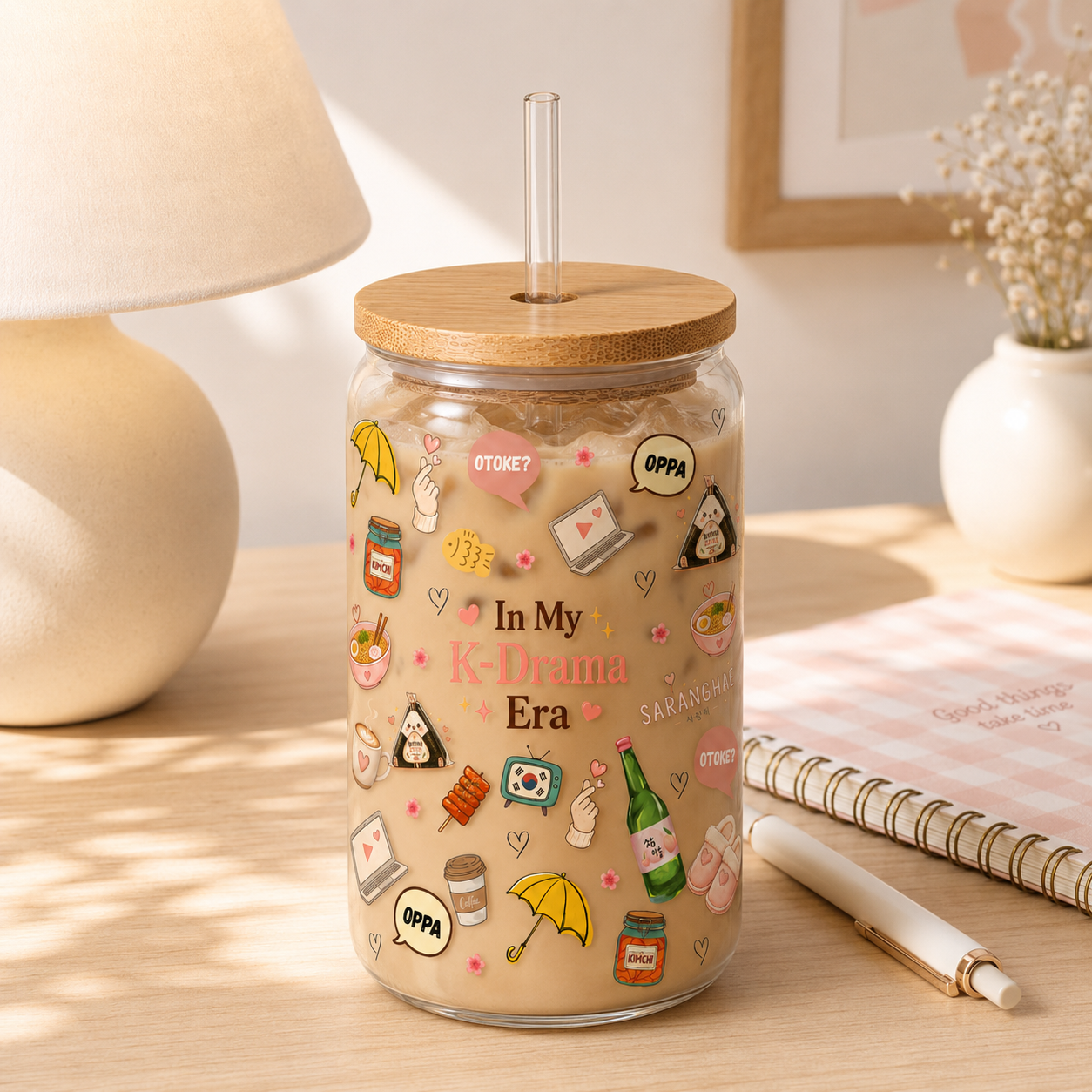 In My K-Drama Era collage Glass Cup with Bamboo Lid & Straw