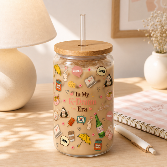 In My K-Drama Era collage Glass Cup with Bamboo Lid & Straw