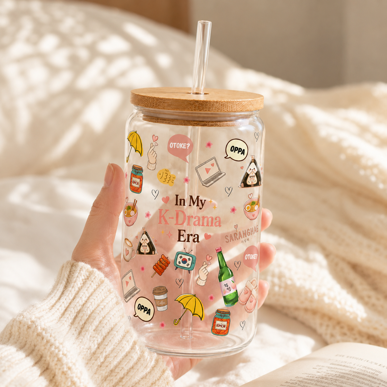 In My K-Drama Era collage Glass Cup with Bamboo Lid & Straw