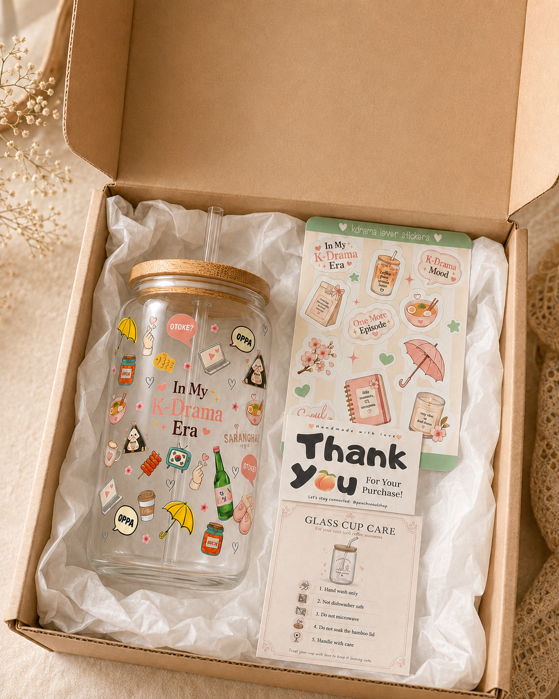 In My K-Drama Era collage Glass Cup with Bamboo Lid & Straw