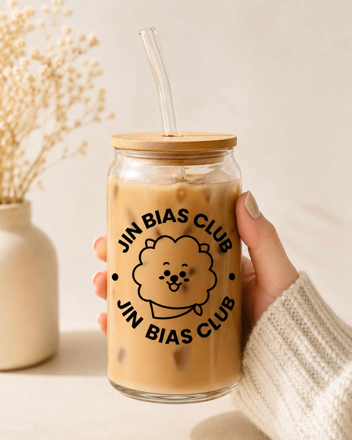 BTS Bias Club Glass Cup with Bamboo Lid & Straw – Choose Your Member