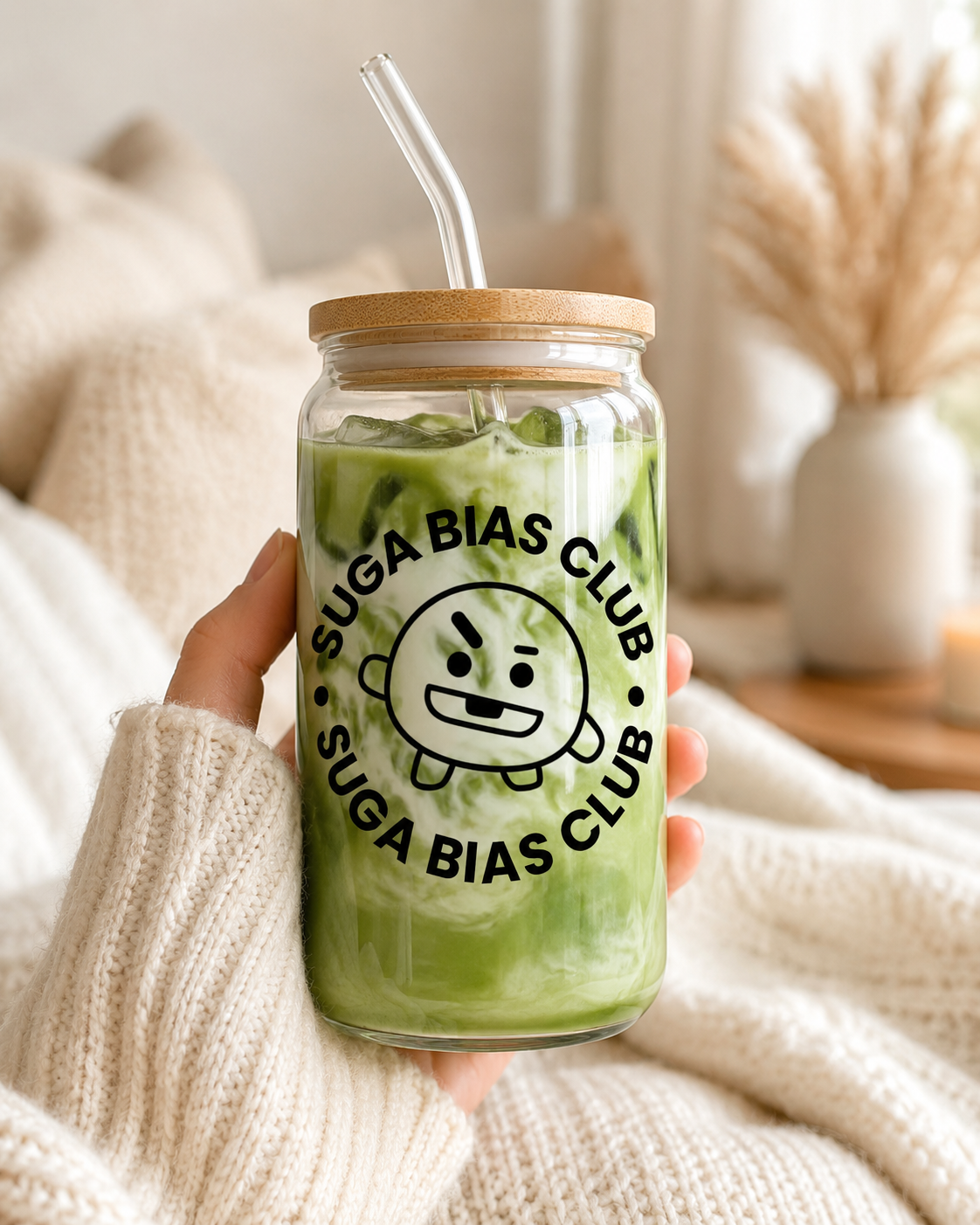 BTS Bias Club Glass Cup with Bamboo Lid & Straw – Choose Your Member