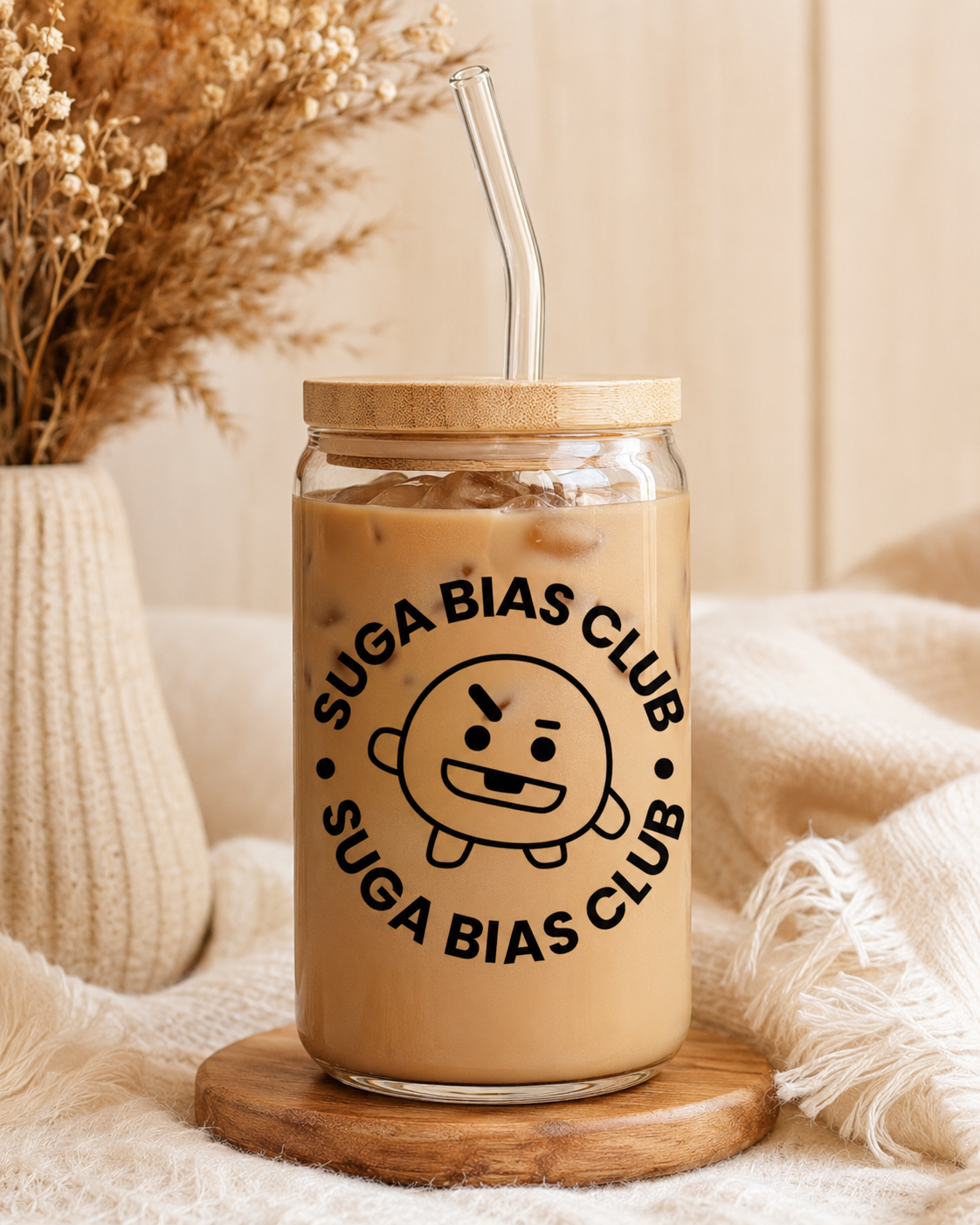 BTS Bias Club Glass Cup with Bamboo Lid & Straw – Choose Your Member