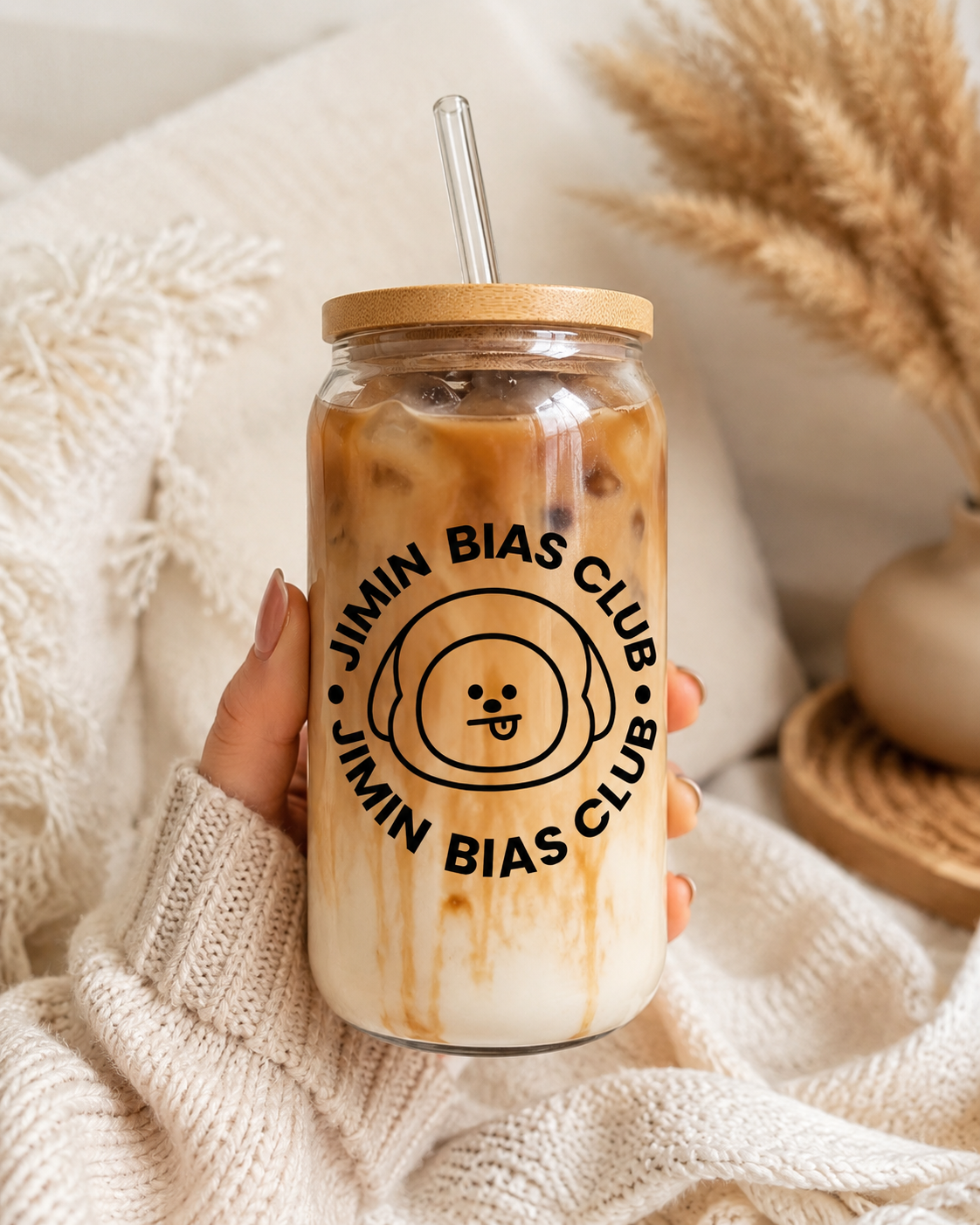 BTS Bias Club Glass Cup with Bamboo Lid & Straw – Choose Your Member