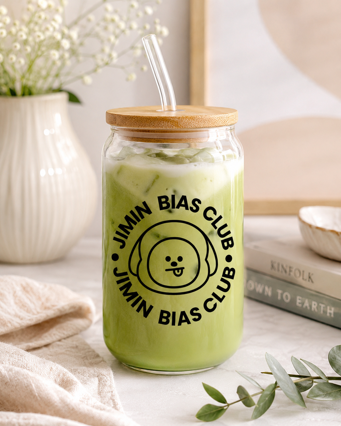 BTS Bias Club Glass Cup with Bamboo Lid & Straw – Choose Your Member