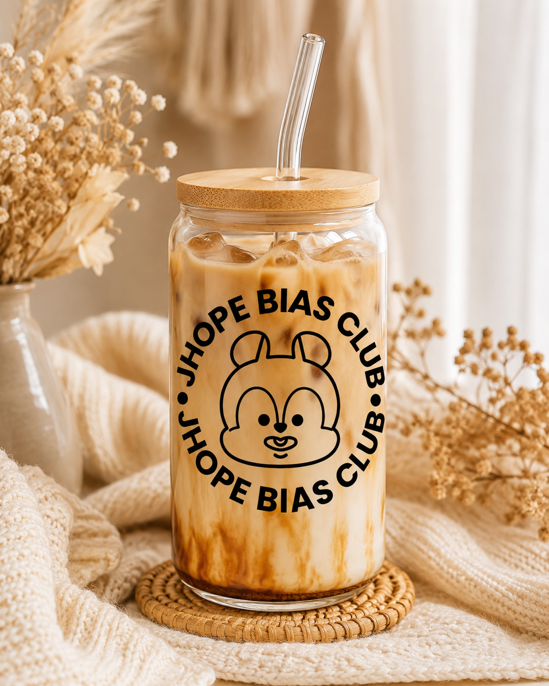 BTS Bias Club Glass Cup with Bamboo Lid & Straw – Choose Your Member