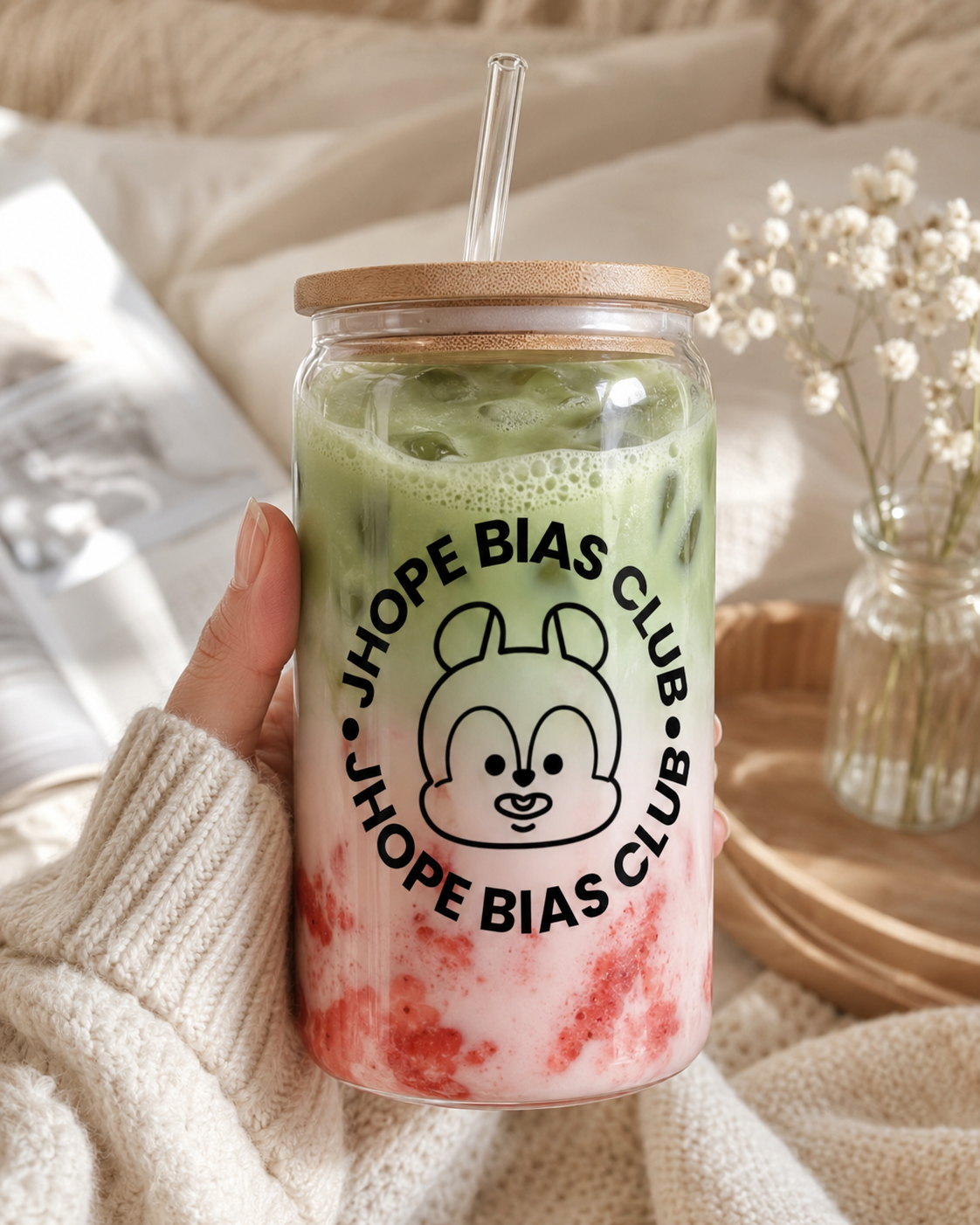 BTS Bias Club Glass Cup with Bamboo Lid & Straw – Choose Your Member