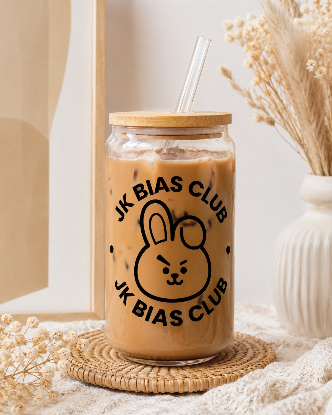 BTS Bias Club Glass Cup with Bamboo Lid & Straw – Choose Your Member