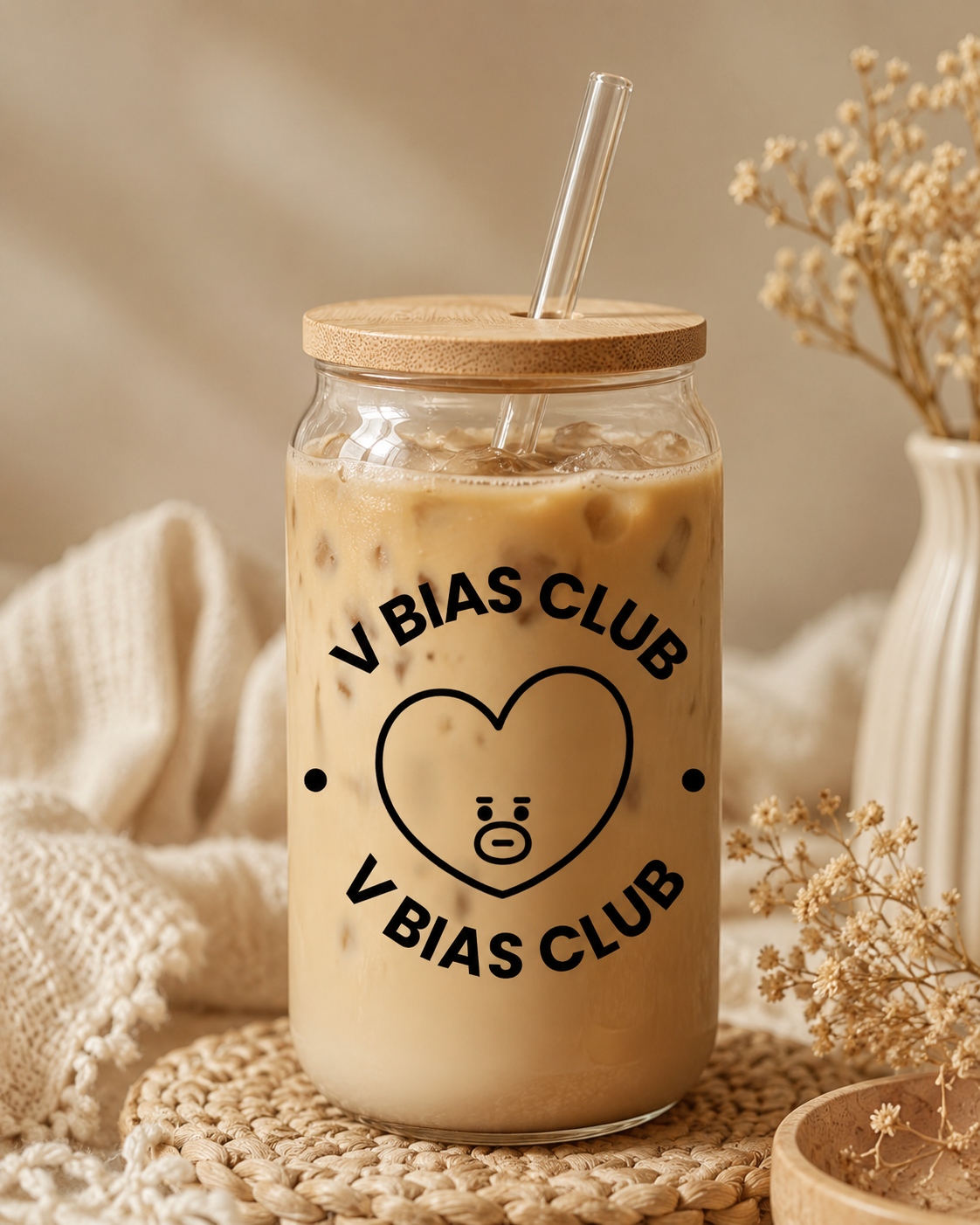 BTS Bias Club Glass Cup with Bamboo Lid & Straw – Choose Your Member