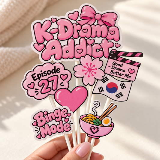 K-Drama Addict Cake Topper Set – 8-Piece K-Drama Birthday Cake Decorations