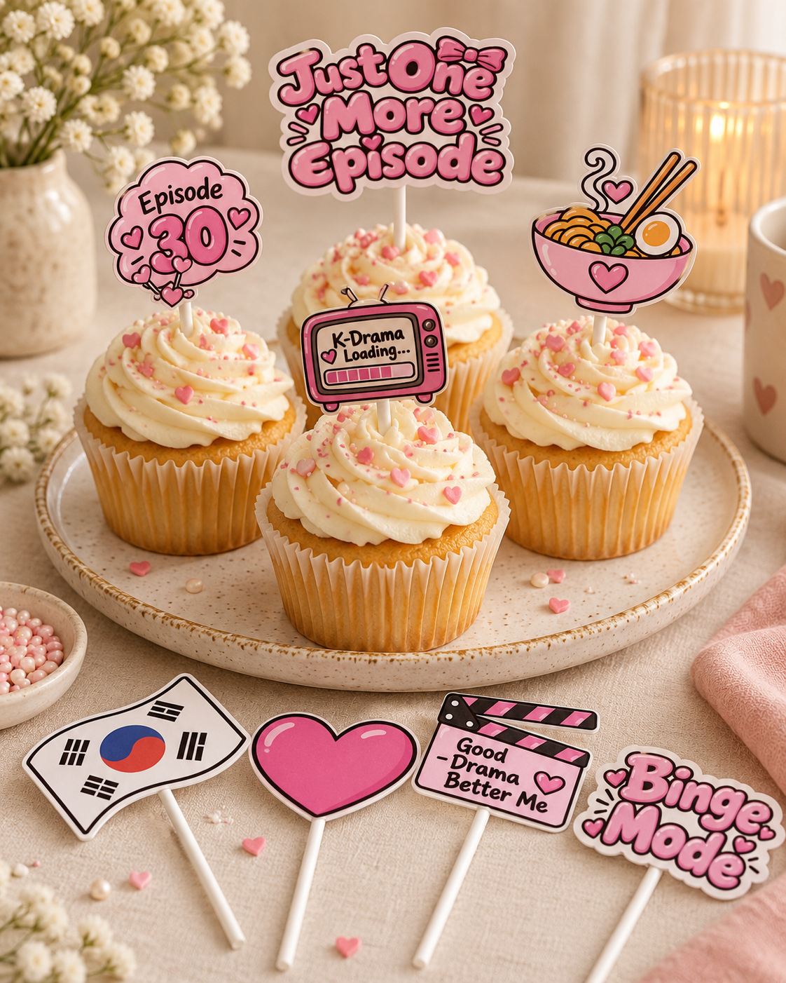 Just One More Episode Cake Topper Set – 8-Piece K-Drama Birthday Decorations