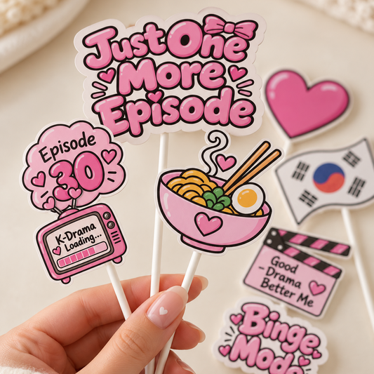 Just One More Episode Cake Topper Set – 8-Piece K-Drama Birthday Decorations