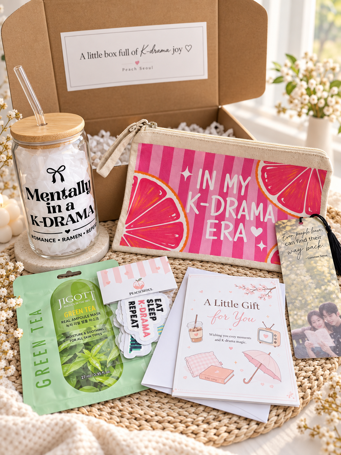 K-Drama Essentials Gift Box | Glass Cup & Makeup Pouch Gift Set.