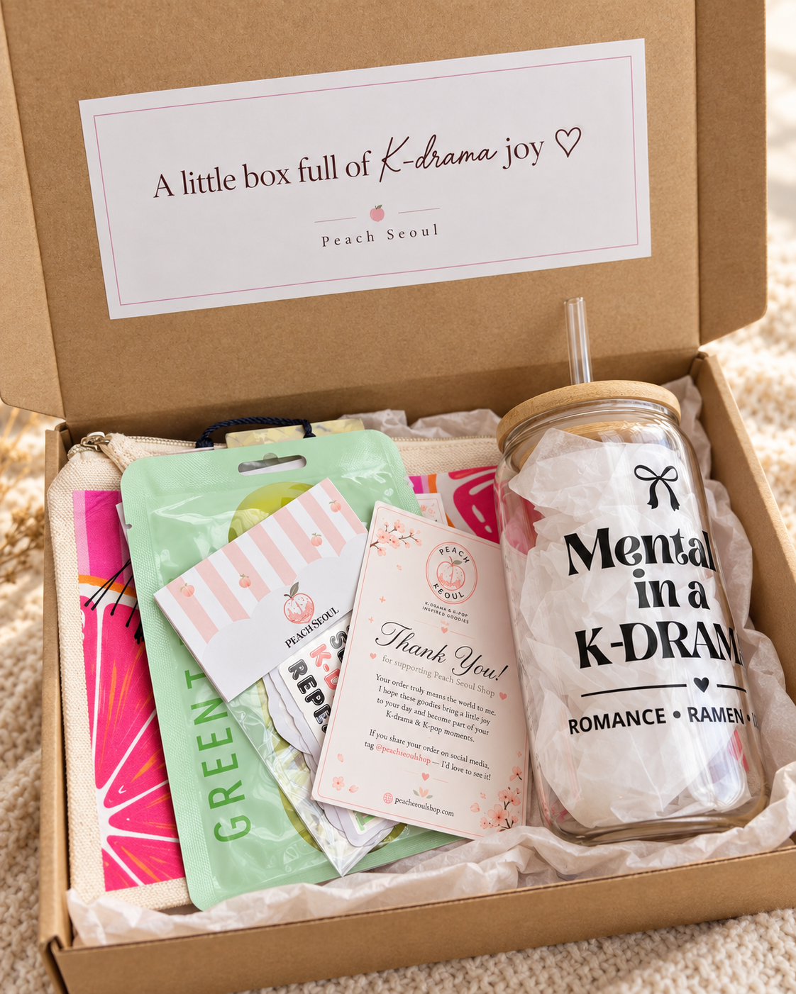 K-Drama Essentials Gift Box | Glass Cup & Makeup Pouch Gift Set.