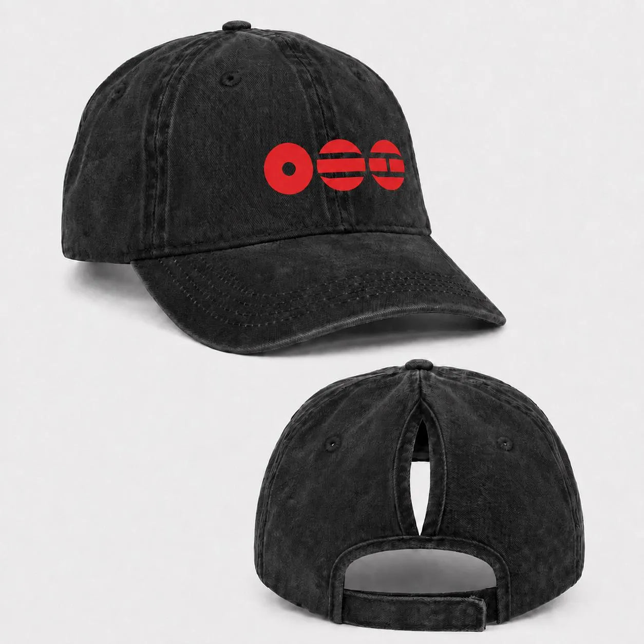 BTS Logo Ponytail Baseball Cap | Black Vintage Washed Dad Hat with White or Red Logo, Adjustable Kpop Fan Gift