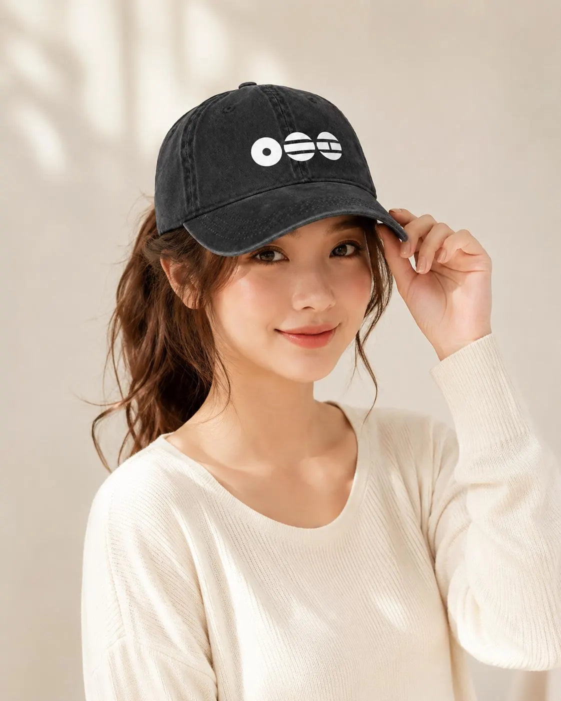 BTS Logo Ponytail Baseball Cap | Black Vintage Washed Dad Hat with White or Red Logo, Adjustable Kpop Fan Gift