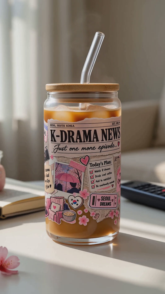 K-Drama Glass Tumbler with Bamboo Lid & Straw | K-Drama News Design