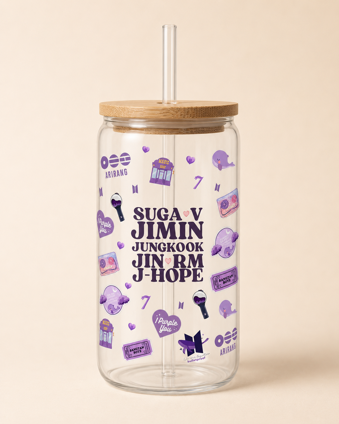Purple OT7 Glass Tumbler with Bamboo Lid & Straw | BTS-Inspired ARMY Cup