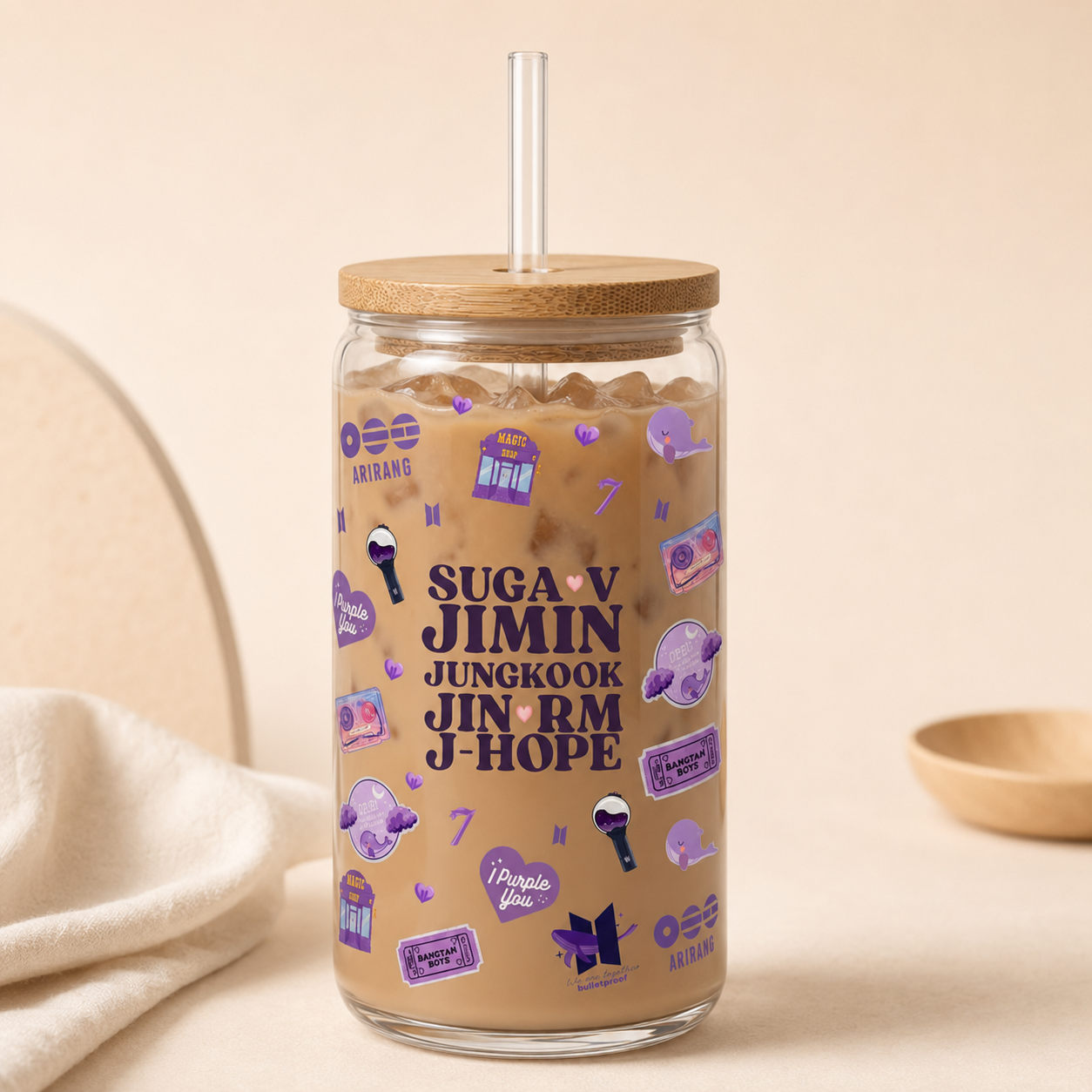 Purple OT7 Glass Tumbler with Bamboo Lid & Straw | BTS-Inspired ARMY Cup