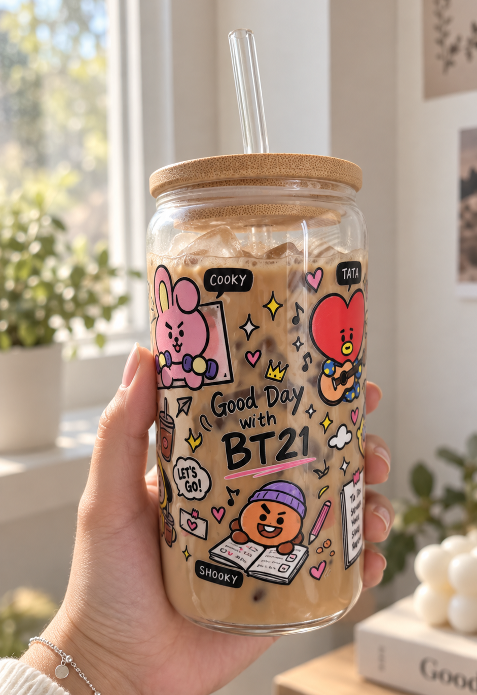 BT21 Iced Coffee Glass Cup – 16 oz K-Pop Tumbler with Bamboo Lid & Straw
