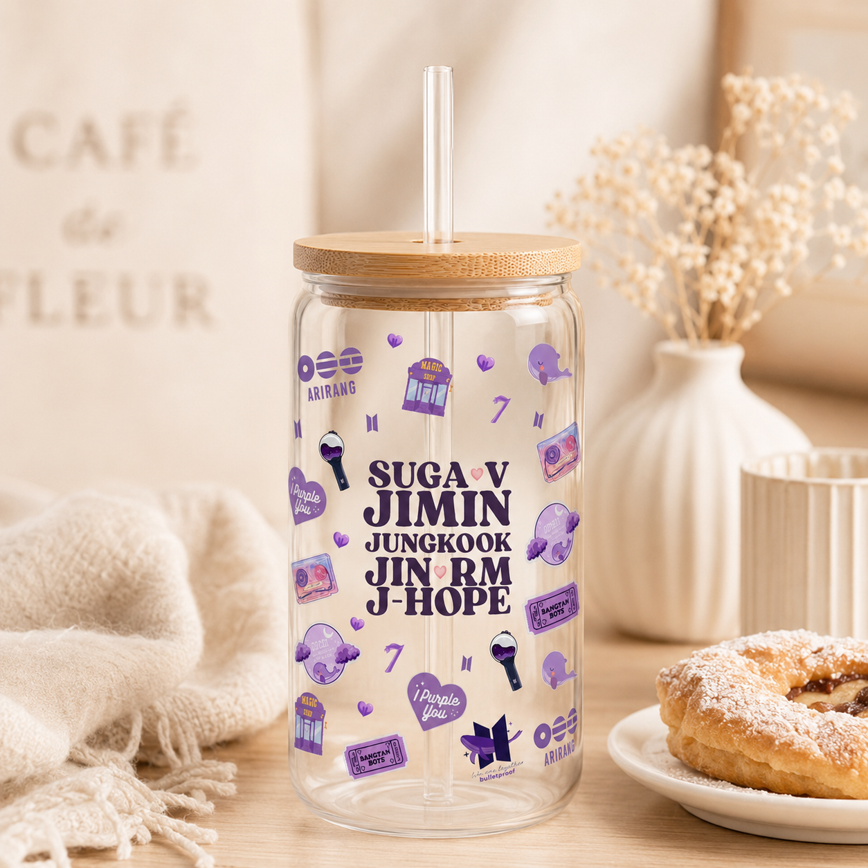 Purple OT7 Glass Tumbler with Bamboo Lid & Straw | BTS-Inspired ARMY Cup