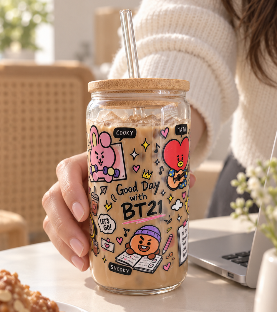 BT21 Iced Coffee Glass Cup – 16 oz K-Pop Tumbler with Bamboo Lid & Straw