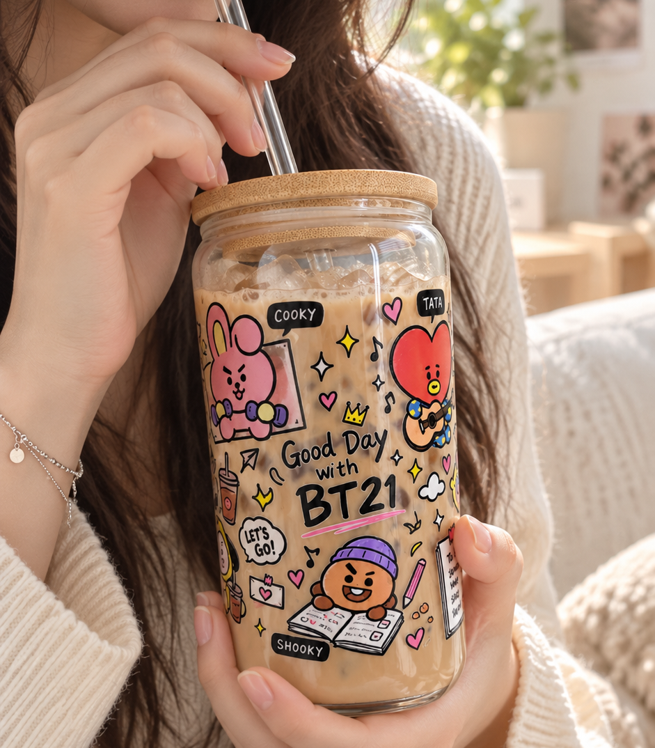 BT21 Iced Coffee Glass Cup – 16 oz K-Pop Tumbler with Bamboo Lid & Straw
